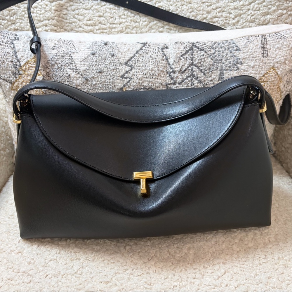 Toteme Black Leather T-Lock Shoulder Bag with Gold Hardware, with top handle